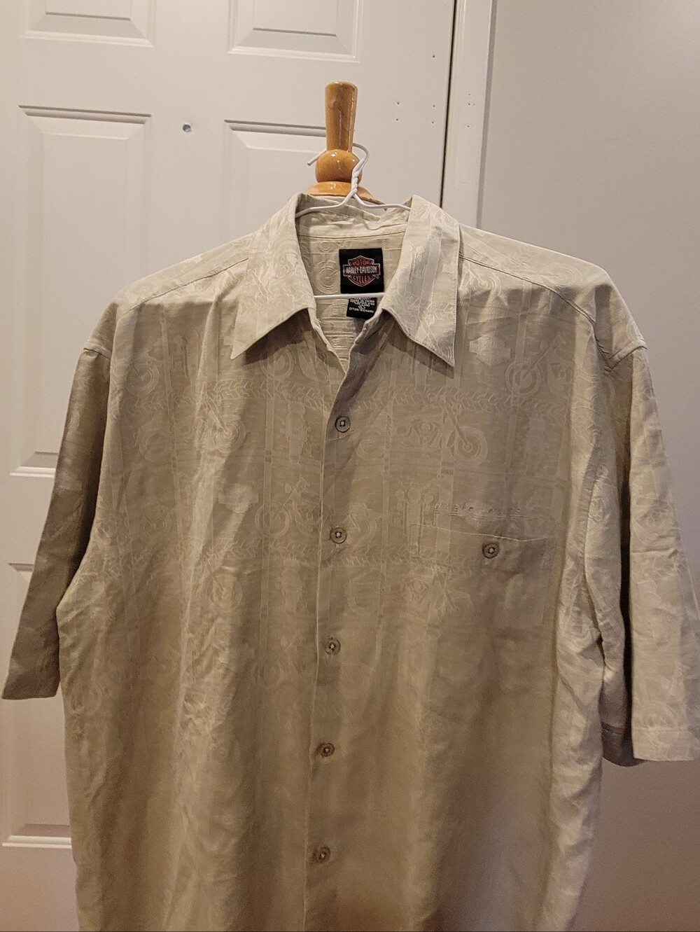 🔥EUC~Harley-Davidson Light Beige Short Sleeve Silk Button-Down Shirt